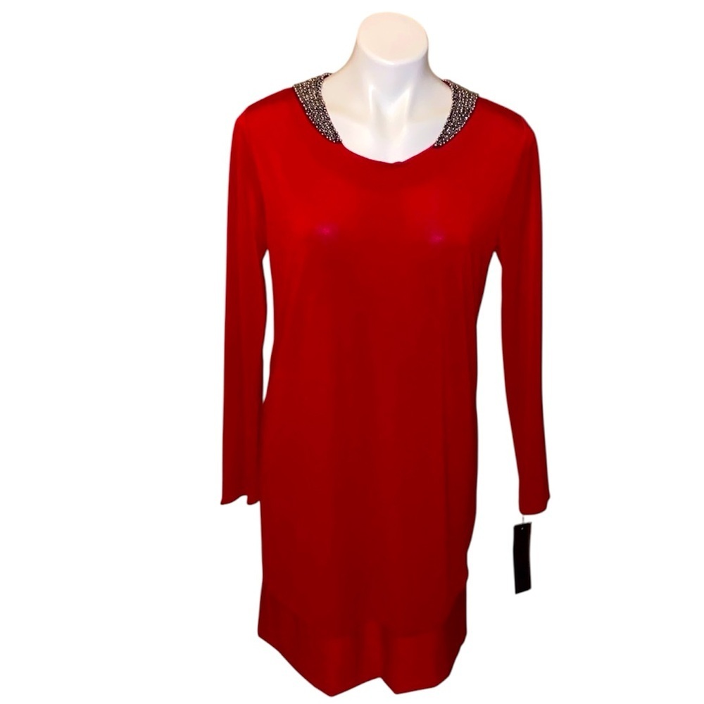 Daisy Fuentes Women’s Vibrant Red Beaded Long Sleeve Shift Dress Size Medium